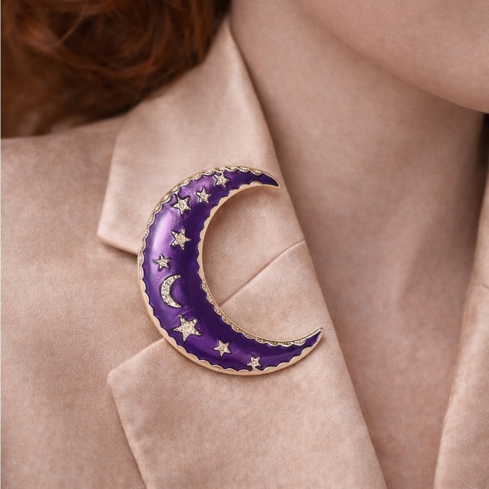 Celestial Moon Purple Crescent Gold Brooch